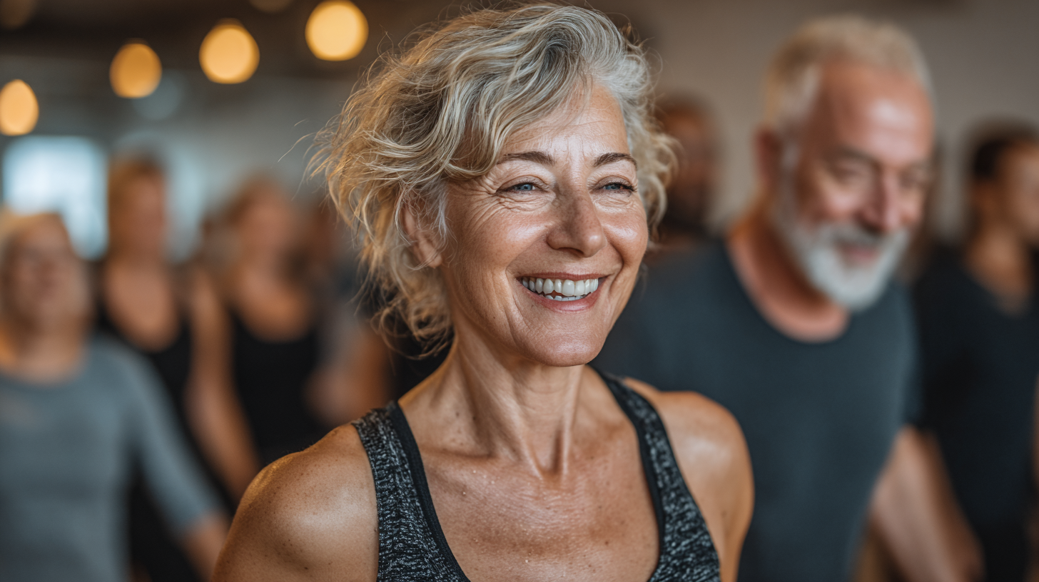 Група възрастни хора практикуват медитативни упражнения на открито