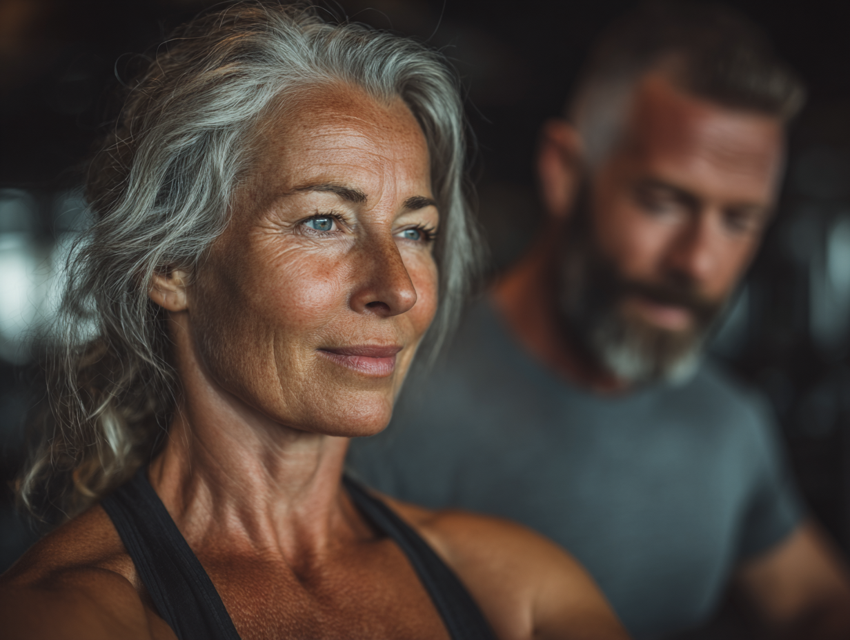 Възрастна жена практикува балансирани упражнения в спокойна обстановка